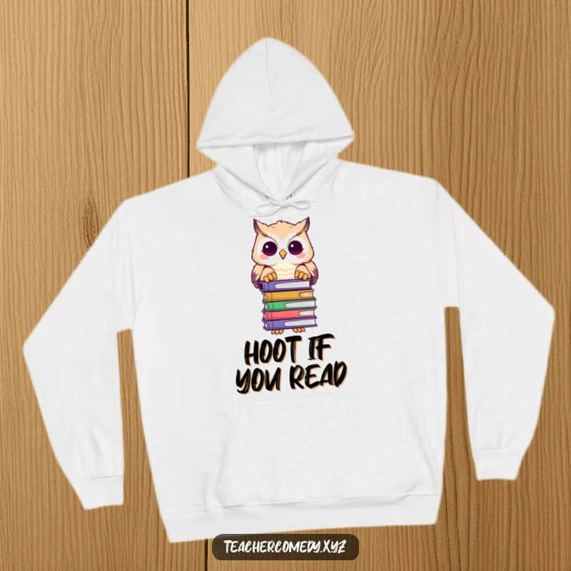 Funny hoodie with a wise owl character holding a large stack of books, looking over them with intelligence.