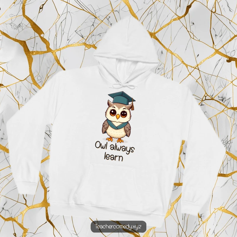 Funny hoodie showing a cheerful owl wearing a graduation cap and gown, offering cozy warmth and celebration for graduates.