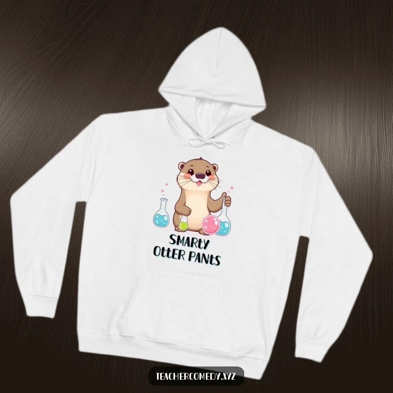 Funny otter character focused on a science experiment with bubbling beakers, cozy funny hoodie.