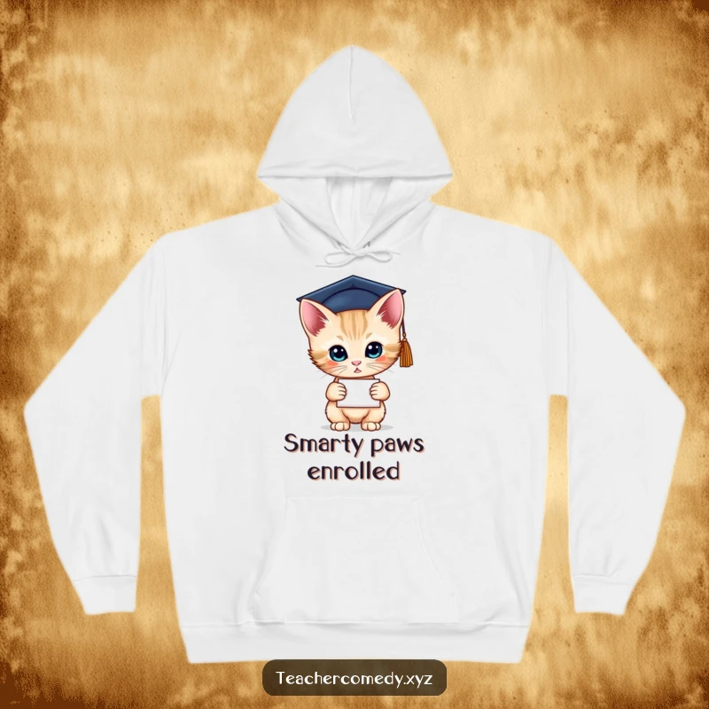 Funny hoodie featuring a curious kitten proudly holding a diploma, sporting a graduation cap. Ideal gift.