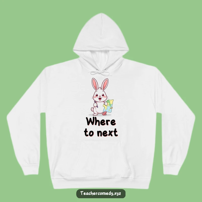 Funny Rabbit Adventure Hoodie: Excited Map Pointer - Cozy & Hilarious Travel Gift!