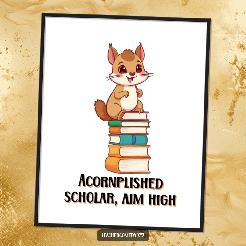 Funny Free Printable Wall Art: A determined squirrel proudly climbs a tall ladder made entirely of books, symbolizing ambition.