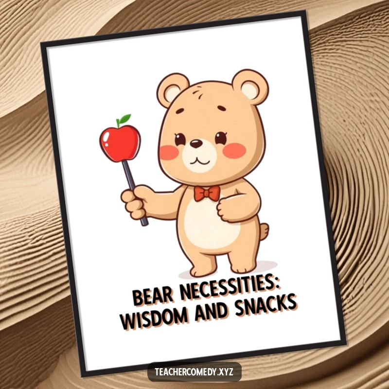 Funny Free Printable Wall Art: A cheerful bear character pointing a stick at a bright apple, symbolizing knowledge and fun.