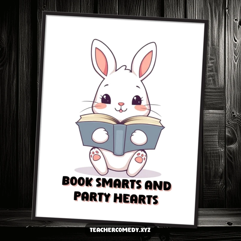 Funny Free Printable Wall Art: Curious kawaii rabbit clutching a large stack of open books, whimsical downloadable art.