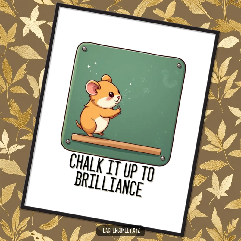 Funny Free Printable Wall Art: Curious hamster writing on a massive chalkboard, covered in chalk dust, a whimsical and humorous art piece.