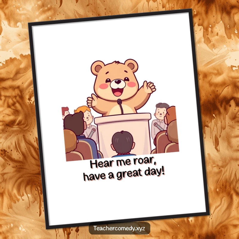Funny Free Printable Wall Art: A happy bear stands at a podium, gesturing enthusiastically to an unseen audience, full of charisma.