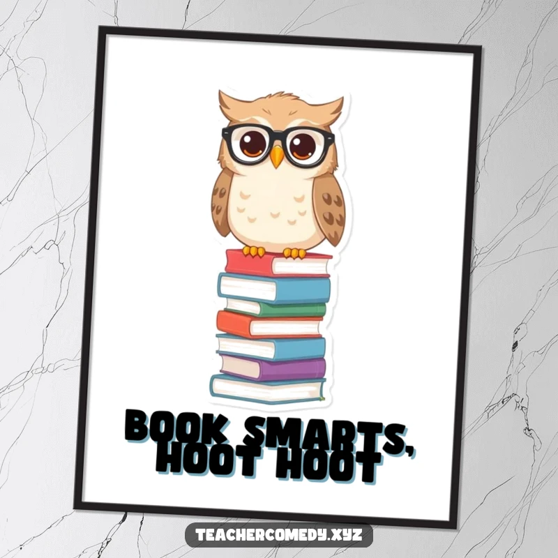 Funny Free Printable Owl Wall Art: Wise owl with spectacles perched on stacked books, scholarly theme.