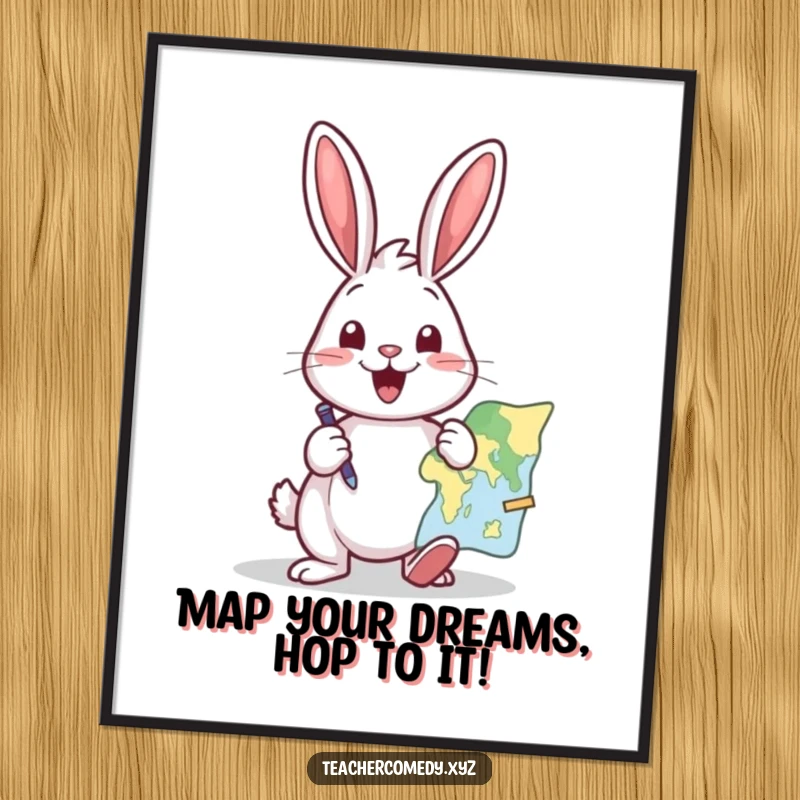 Funny Free Printable Wall Art: An excited rabbit tapping a map with a pointer, full of enthusiasm and ready for a grand, hilarious journey.