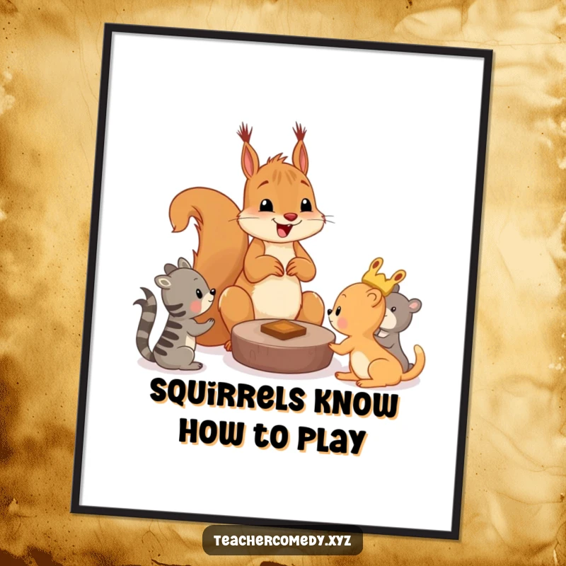 Funny Free Printable Squirrel Wall Art: Cheerful squirrel teaching game to young animals, playful scene.