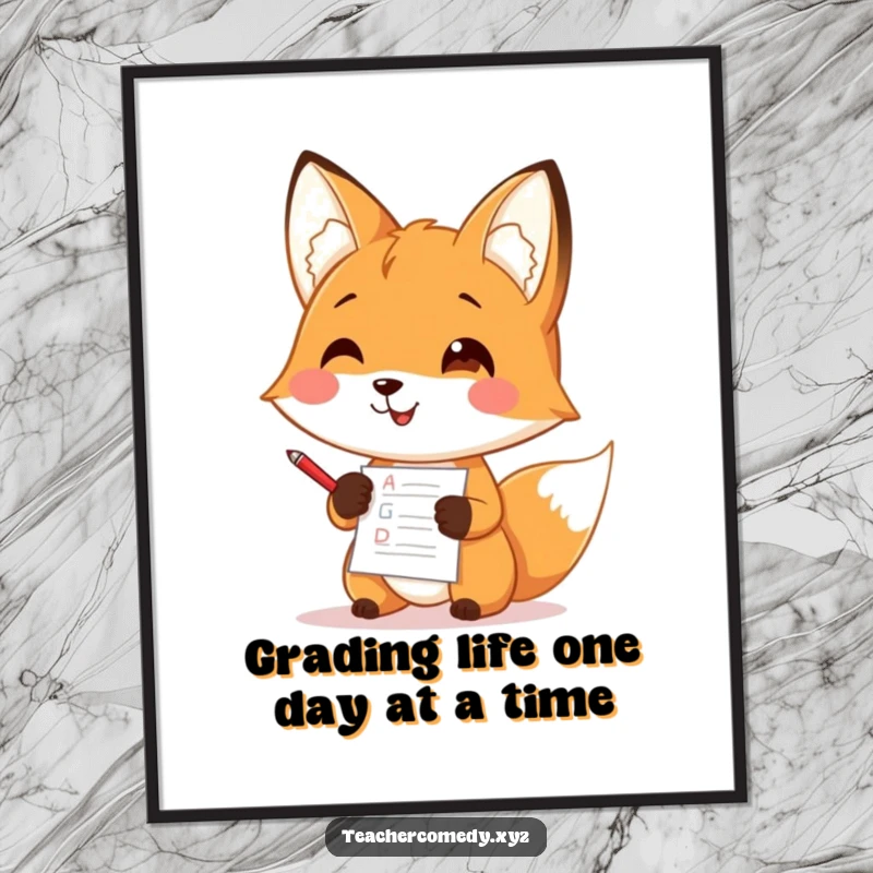 Funny Free Printable Wall Art: A studious fox wearing glasses, grading papers with a tiny red pen, looking quite pleased with its work.