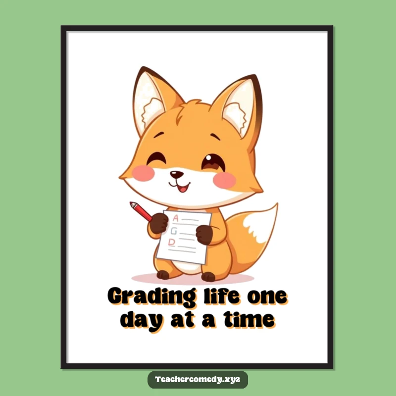 Free Printable Wall Art: Funny Fox Teacher Grading - Hilarious Downloadable Decor Gift