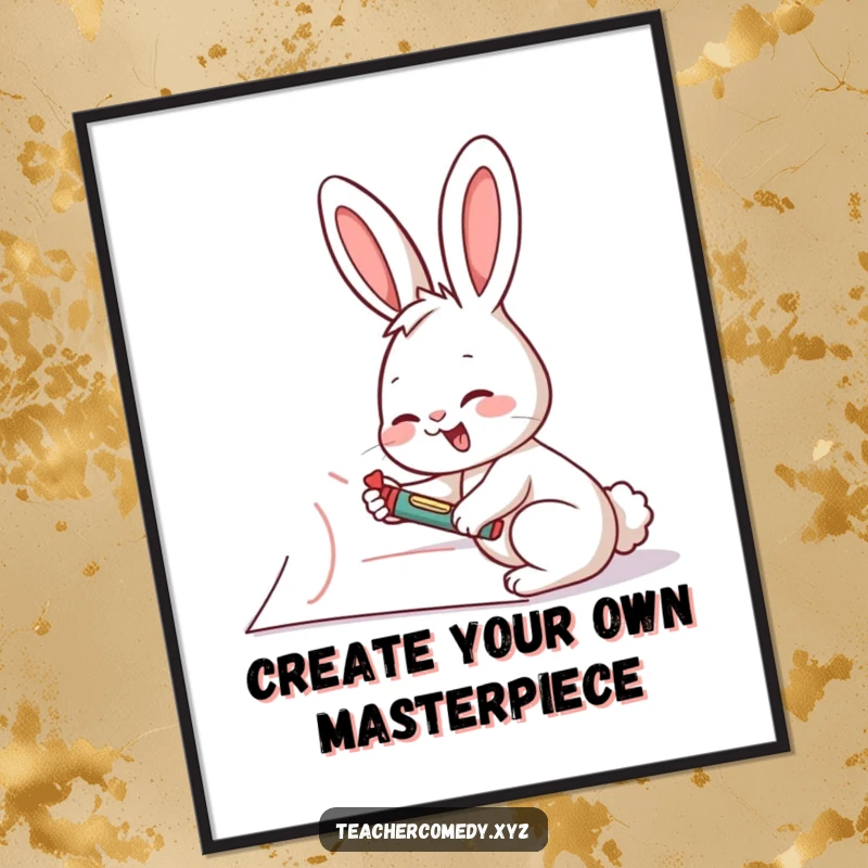 Funny Free Printable Wall Art: A giggling rabbit drawing huge, imaginative creations with a crayon on a giant paper.