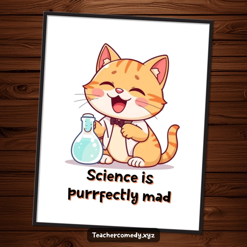 Funny Free Printable Wall Art: Giggling cat conducting a bubbling beaker experiment, a humorous illustration for any space.