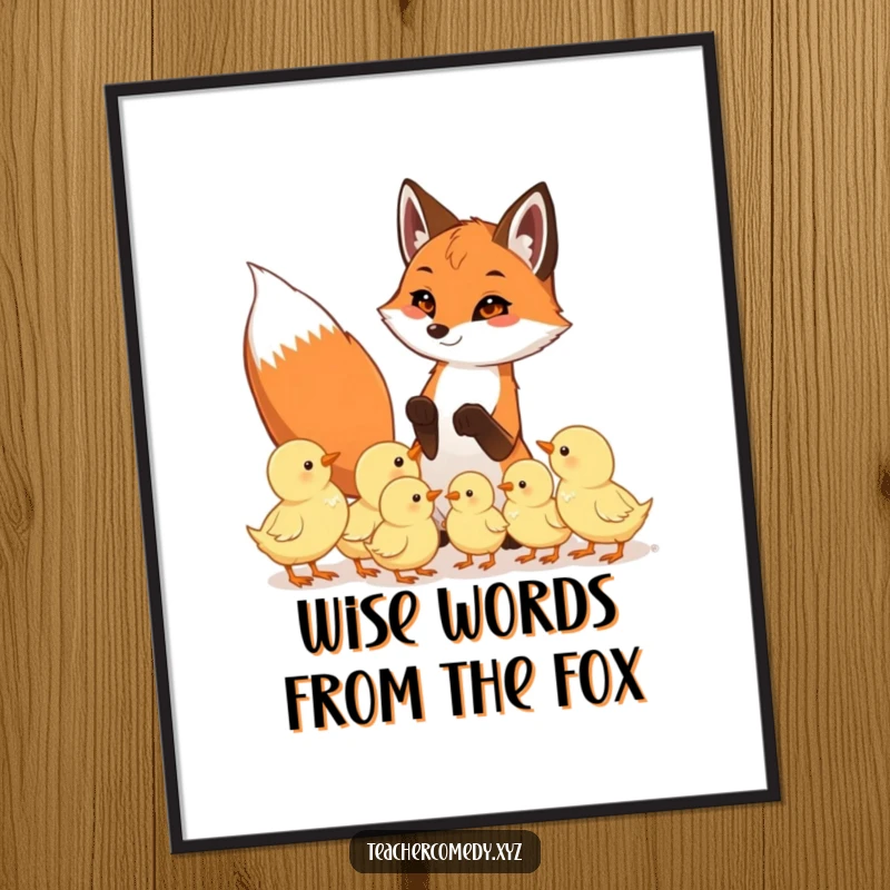 Funny Free Printable Wall Art: Playful fox teaching eager chicks, a charming illustration for any educational setting.