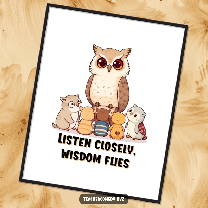 Free Printable Wall Art: A wise owl imparts knowledge to a group of curious young forest animals, creating a peaceful scene.