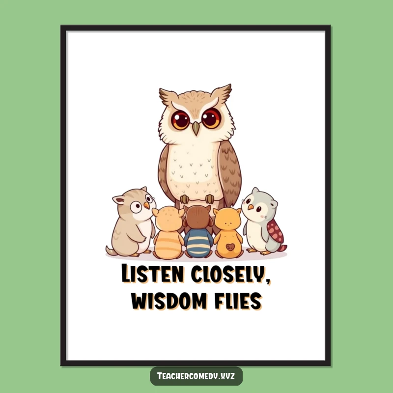 Funny Free Printable Wall Art: Wise Owl Advising Forest Critters, Downloadable Decor