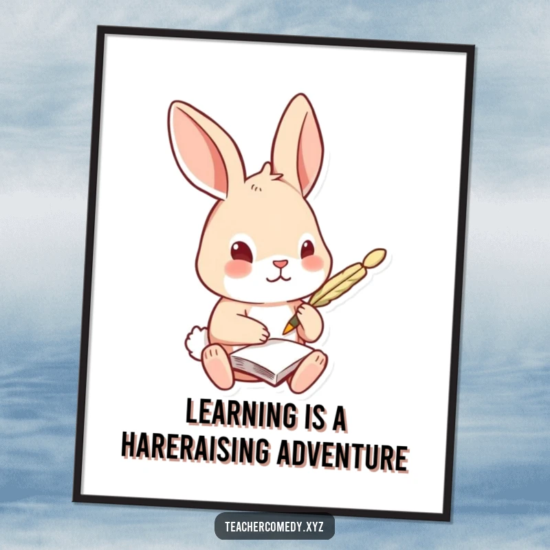 Funny Free Printable Wall Art: A curious rabbit hunches over, diligently writing with a quill pen, capturing an intellectual and humorous vibe.