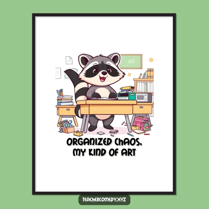 Free Printable Wall Art: Triumphant Raccoon Tidies Chaos - Funny Downloadable Decor