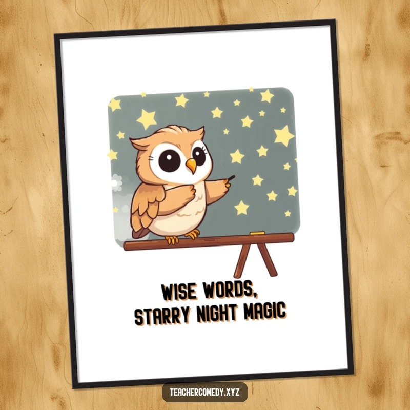 Free Printable Wall Art: An enthusiastic owl points to a blackboard covered in stars, adding whimsical decor.