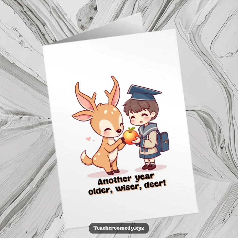Funny Free Printable Deer Card giving an apple to a student, celebrating a birthday with humor and warmth.