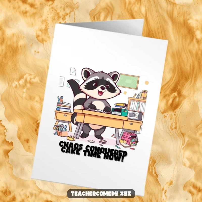 Funny Free Printable Birthday Card: Triumphant raccoon gleefully tidying a messy desk, ready to celebrate.