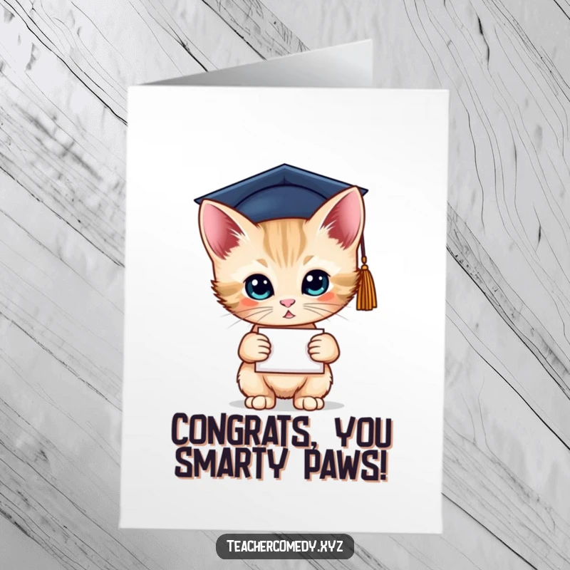 Funny Free Printable Birthday Card featuring a curious kitten in a graduation cap holding a diploma, celebrating academic achievement.