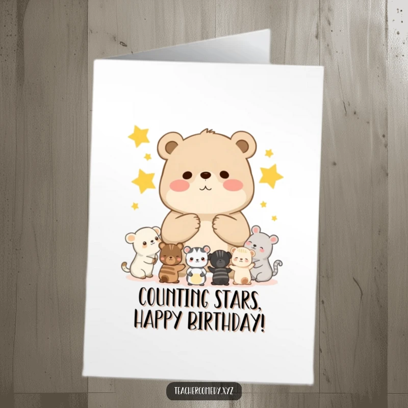 Free Printable Birthday Card: A chubby bear cub teaches smaller animals to count stars during a fun lesson.