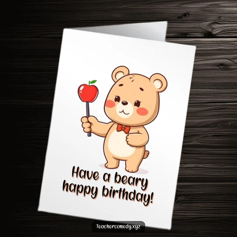 Funny Free Printable Birthday Card: A happy bear character joyfully pointing a stick at a shiny apple with a smile.