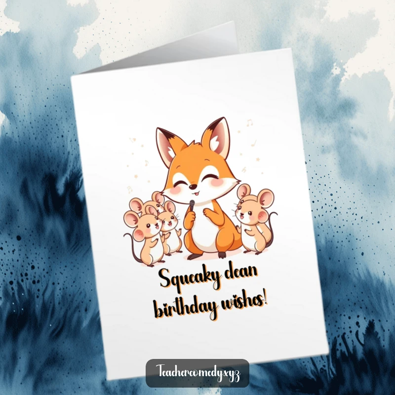 Funny free printable birthday card featuring a clever fox in a tuxedo conducting a choir of tiny, enthusiastic singing mice.