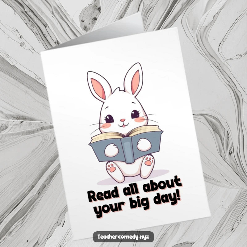 Free Printable Birthday Card: Curious kawaii rabbit holding a stack of open books, ideal for a bookish birthday wish.
