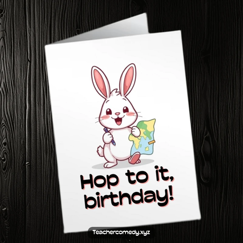 Funny Free Printable Birthday Card: A cheerful rabbit excitedly taps a map with a pointer, planning a grand, hilarious birthday adventure.