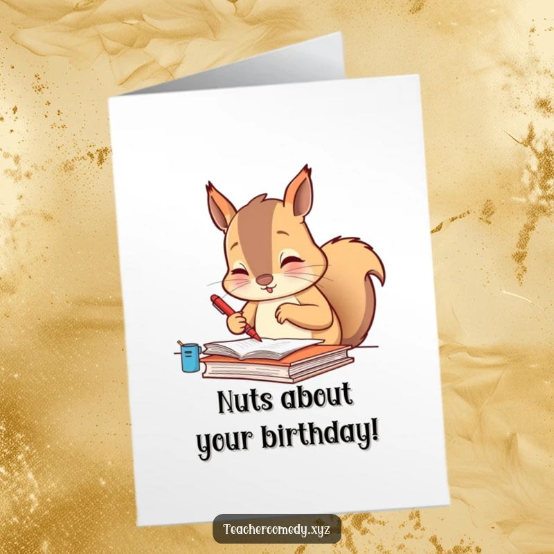 Funny Free Printable Birthday Card: A diligent squirrel meticulously grades with a tiny red pen, giving your special day top marks.