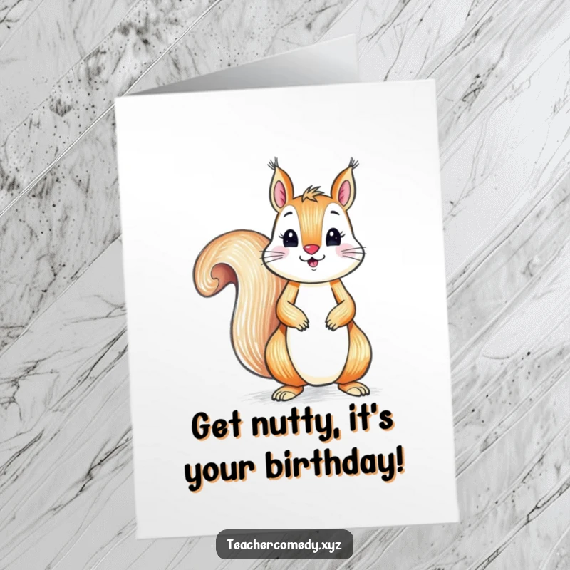Funny Free Printable Birthday Card: A playful squirrel diligently draws on a large piece of paper with a colorful crayon.