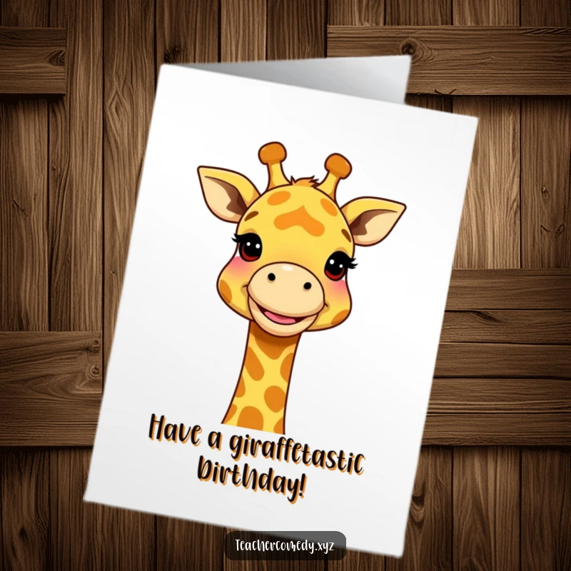 Funny Free Printable Birthday Card: Smiling giraffe uses its long neck to demonstrate a large, complex model.