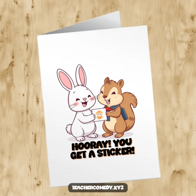 Funny Free Printable Birthday Card: Cheerful bunny giving a sticker to a proud student squirrel, perfect for a giggle.