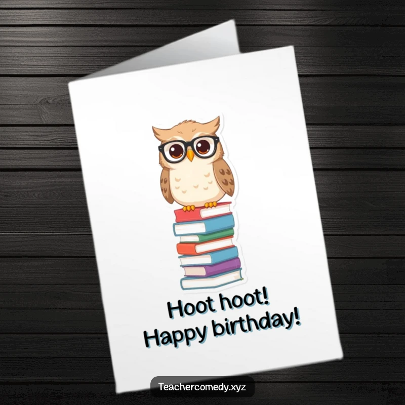Funny Free Printable Owl Birthday Card: Wise owl on books, wearing spectacles, for a smart birthday.
