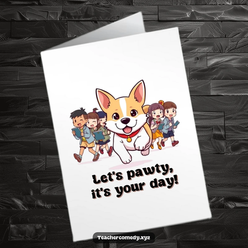 Free Printable Birthday Card: Determined dog energetically leads a group of students in a fun, outdoor activity.