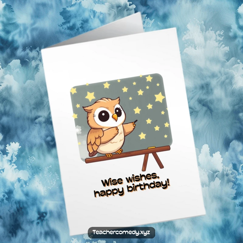 Free Printable Birthday Card: An enthusiastic owl points at a blackboard filled with shiny stars, celebrating a birthday.