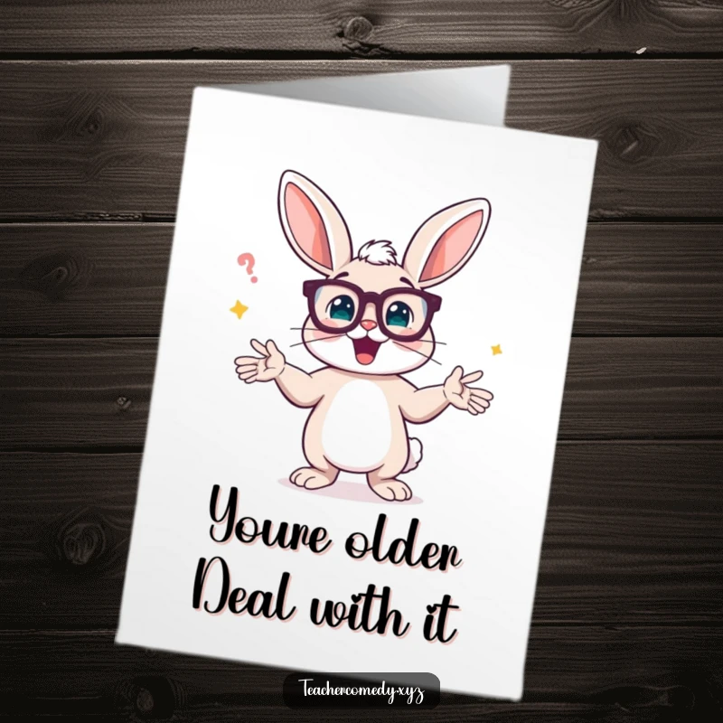 Funny Free Printable Birthday Card: Spectacled Bunny Gesturing Wildly, Explaining with Intense Energy
