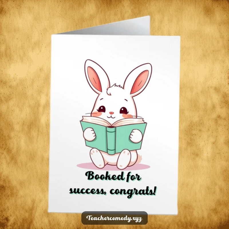 Funny Free Printable Congratulations Card: A curious kawaii rabbit holds many open books, celebrating a studious achievement. Downloadable.