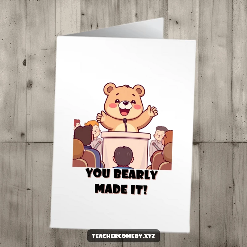 Funny Free Printable Congratulations Card: A happy bear at a podium gestures enthusiastically, celebrating your success with a rousing speech.