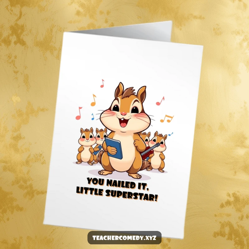Funny Free Printable Congratulations Card: Energetic chipmunk conductor leading a celebratory song for an achievement.