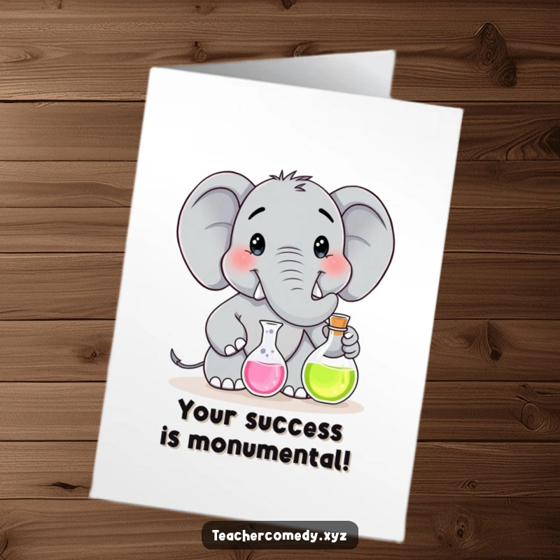 Funny Free Printable Congratulations Card: An elephant in a lab coat proudly showing off a successful science experiment in a flask.