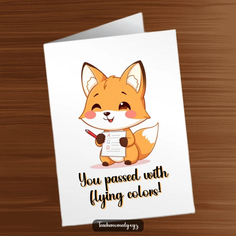 Funny Free Printable Congratulations Card: A happy fox with a tiny red pen giving a 'thumbs up' while grading papers.