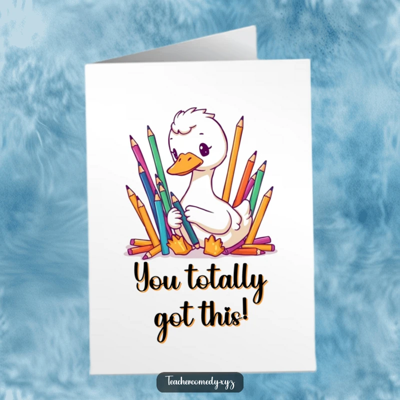 Funny Free Printable Congratulations Card: A focused goose is meticulously organizing a collection of colorful pencils.