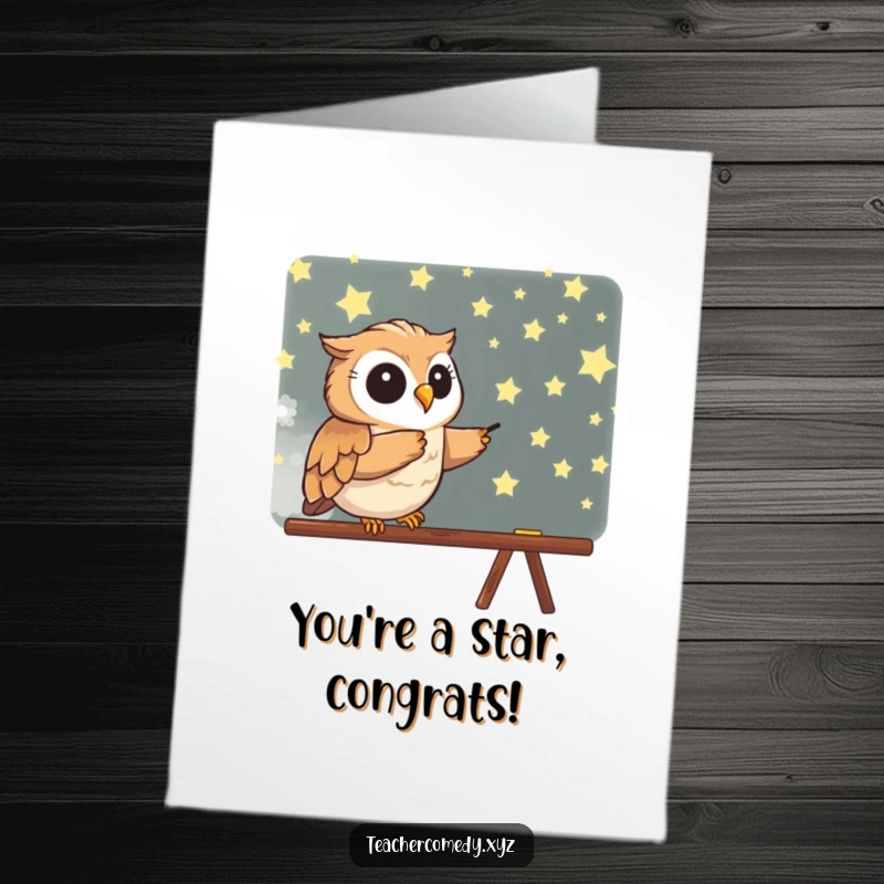 Free Printable Congratulations Card: An owl enthusiastically points at a blackboard covered in stars, celebrating success.