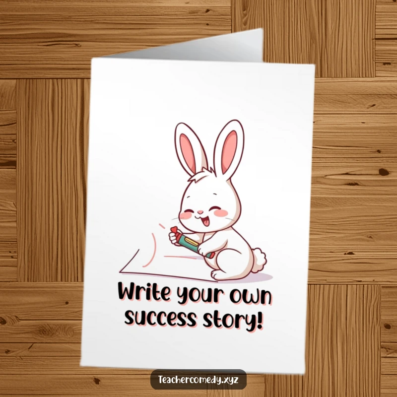 Funny Free Printable Congratulations Card: A giggling rabbit drawing big achievements on a giant piece of paper.