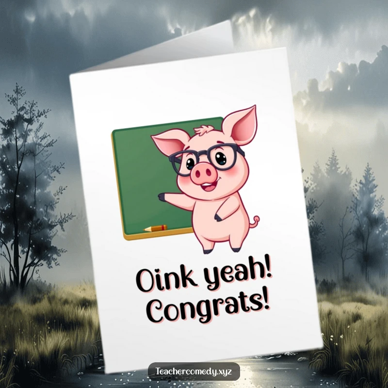 Funny Free Printable Congratulations Card: Cheerful pig with glasses points at chalkboard, smart and congratulatory.