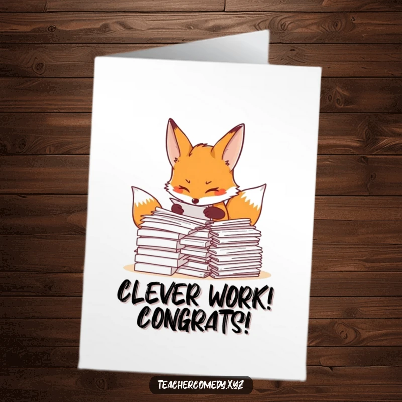 Funny Free Printable Fox Congratulations Card: Determined fox organizing papers, celebrating order.