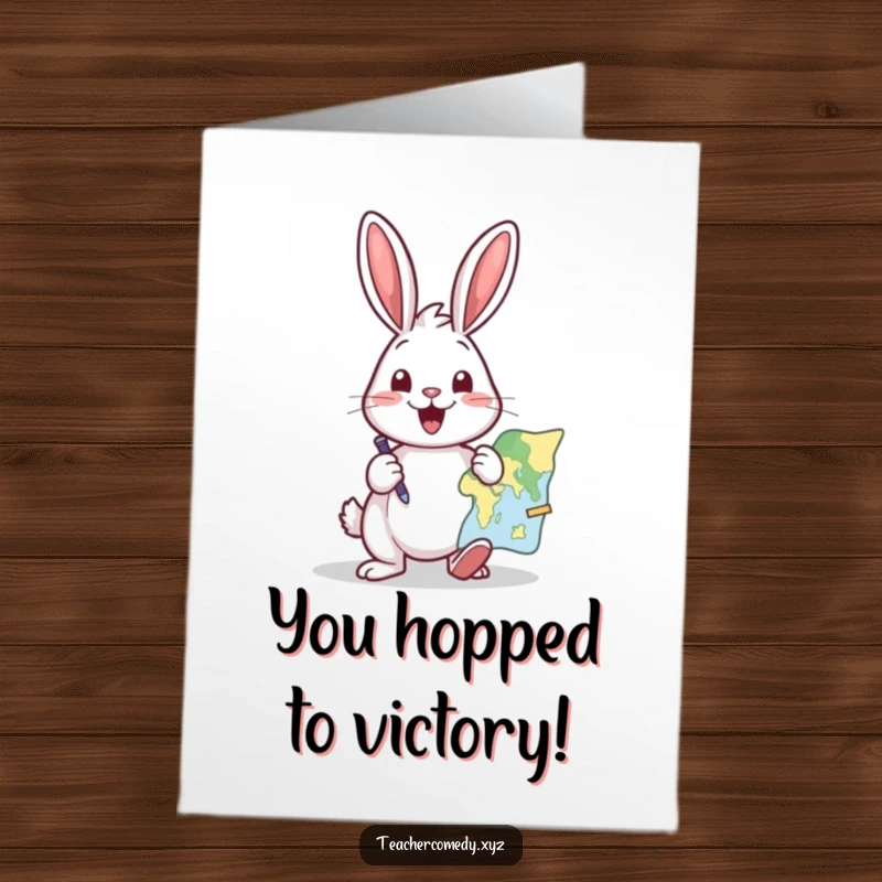 Funny Free Printable Congratulations Card: An excited rabbit with a map and pointer, enthusiastically planning a celebratory adventure for your achievement.